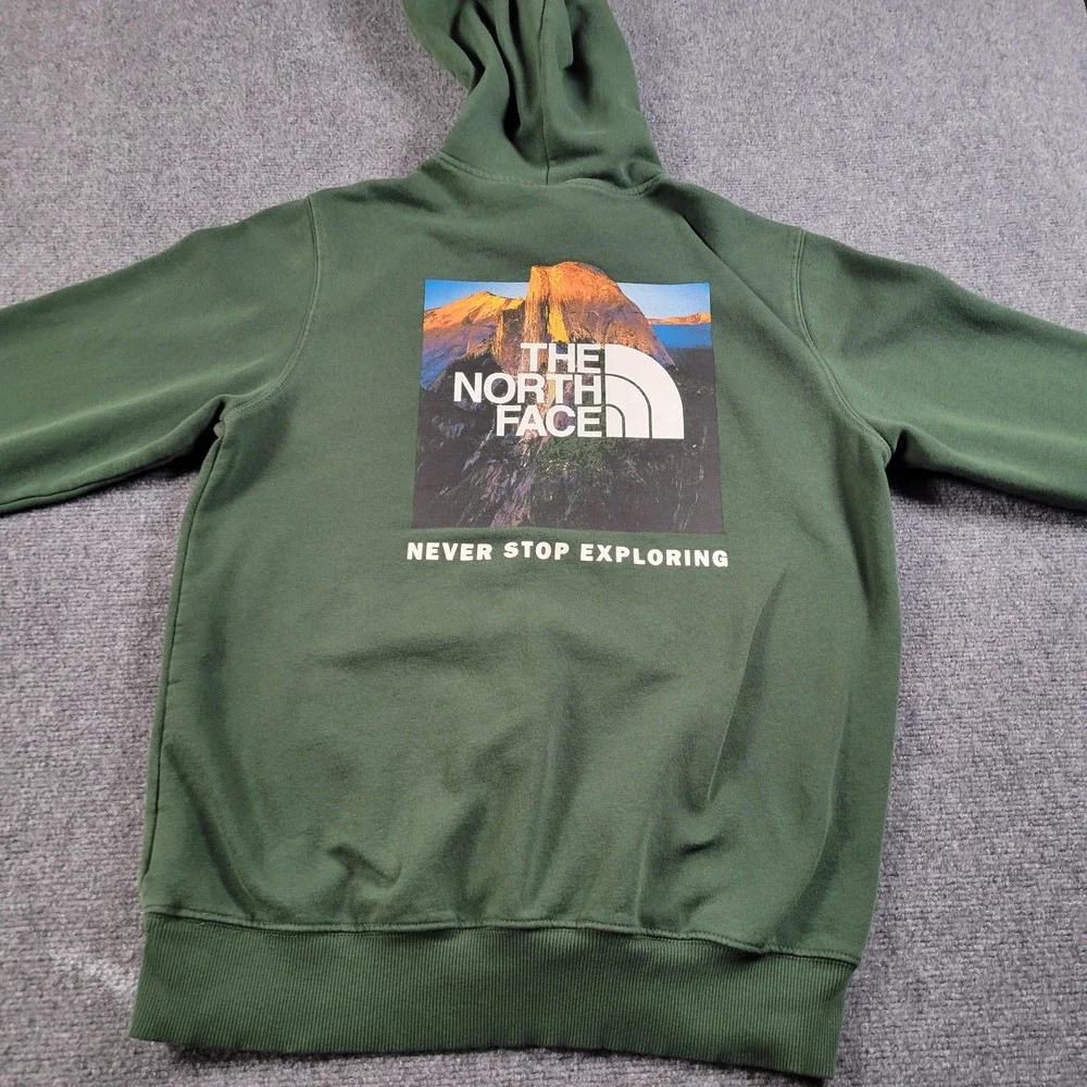The North Face Hoodie Mens Small Green‎ Pullover Fleece Sweatshirt Graphic Back